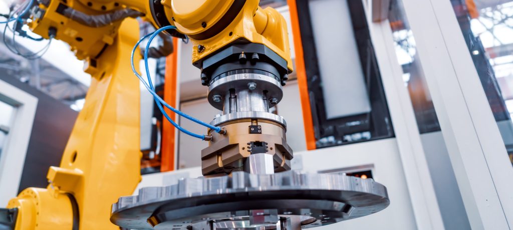 Robotic Arm production lines modern industrial technology. Automated production cell.